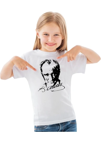 Sıfır Yaka T-shirt - Toptan Çocuk Atatürk Baskılı - Siyah