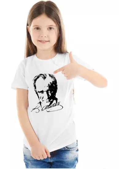 Sıfır Yaka T-shirt - Toptan Çocuk Atatürk Baskılı - Siyah