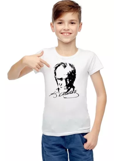 Sıfır Yaka T-shirt - Toptan Çocuk Atatürk Baskılı - Siyah